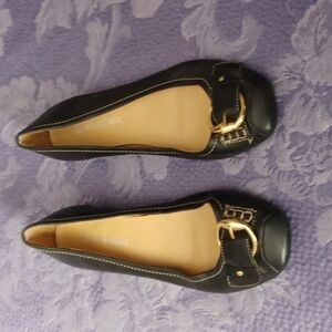 Naturalizer Black Leather Slip-On Flats with Gold Buckle | Size 7M